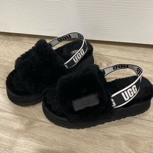 UGG Disco Slide Black Shearling Strap Platform Sandals Slippers Size US 6